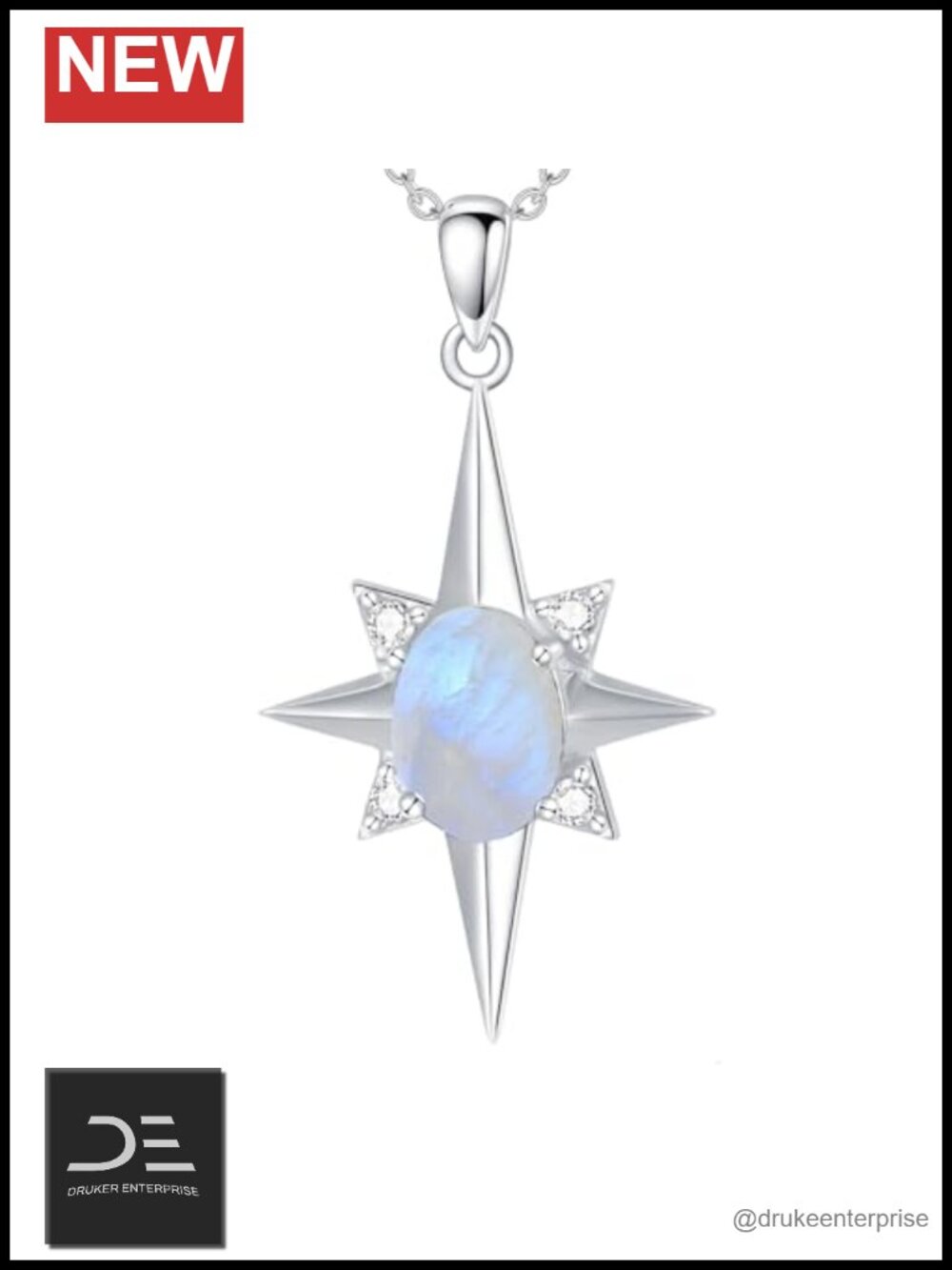 Genuine Moonstone North Star Pendant Necklace Sterling Silver Natural Gemstone
